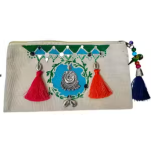 2 SoulStory Unique Handmade Handcrafted canvas pouch with mirror work, cowrie shells, tassels, and a metallic charm. Features a zip closure with colorful beads and a parrot charm. - Image 1